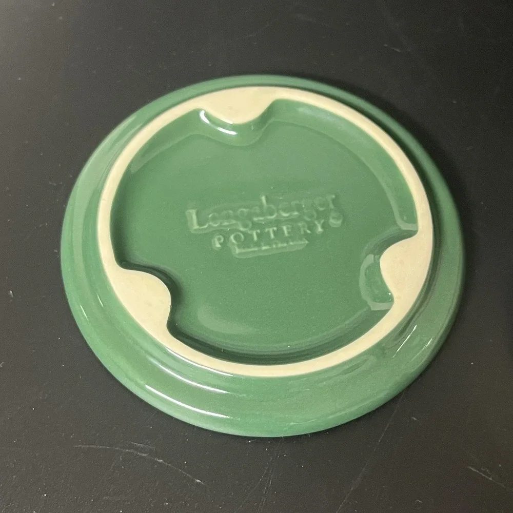 Longaberger Pottery Green Woven Traditions pint Crock, Lid, Coaster & New Candle
